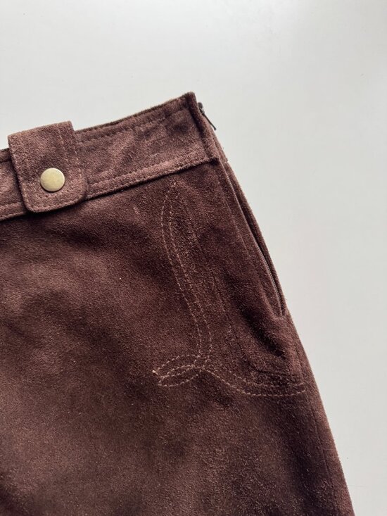 Vintage 00's DANIER Brown 100% Leather Suede Western A-Line Mini Skirt, Size 6 - Picture 5 of 15